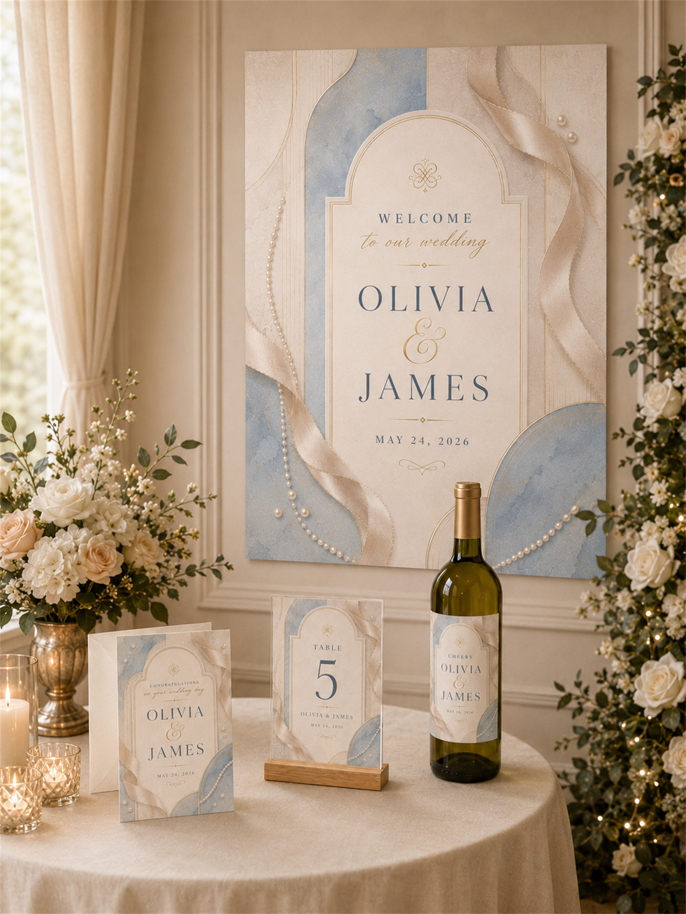 Elegant gray-blue and champagne gold wedding decorations - romantic and elegant wedding - arched frame design with ribbons and pearls as embellishments - custom name and date